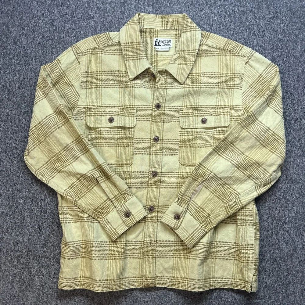 Marmot Mountain‎ Works Mens XL Flannel Shirt Yellow Plaid Hiking Camping